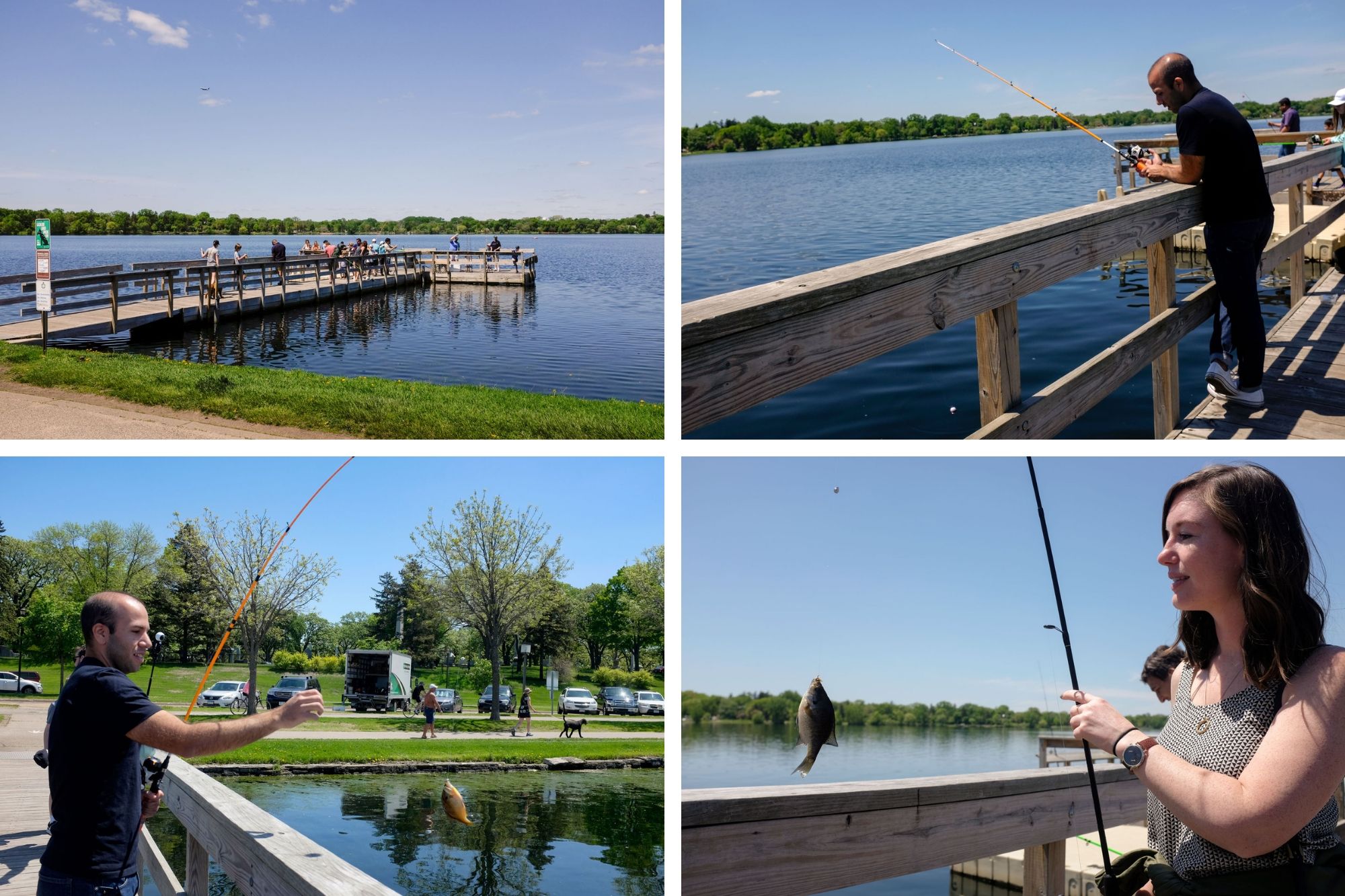 collage: people fishing on a pier, and Alyssa and Michael with their caught fish