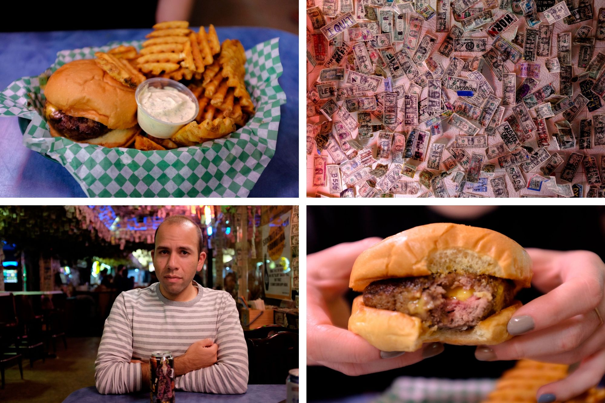 Collage: photo of burger with fries, dollar bills taped on the ceiling, Michael with a beer, and the inside of the burger with the cheese in the middle