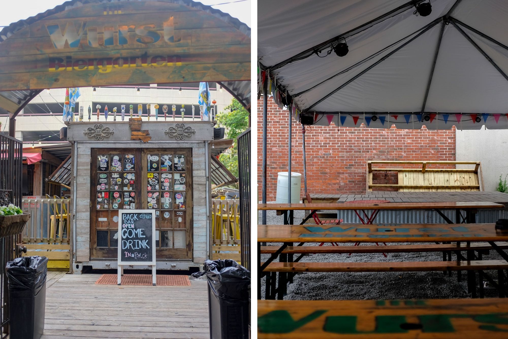 Collage: entrance and interior of the biergarten. it is empty and wet from the rain