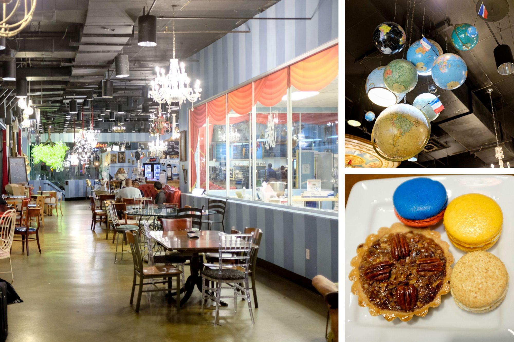 collage: interior of cafe, globes handing from the ceiling with flags marking France, and a plate of macarons with a tarte