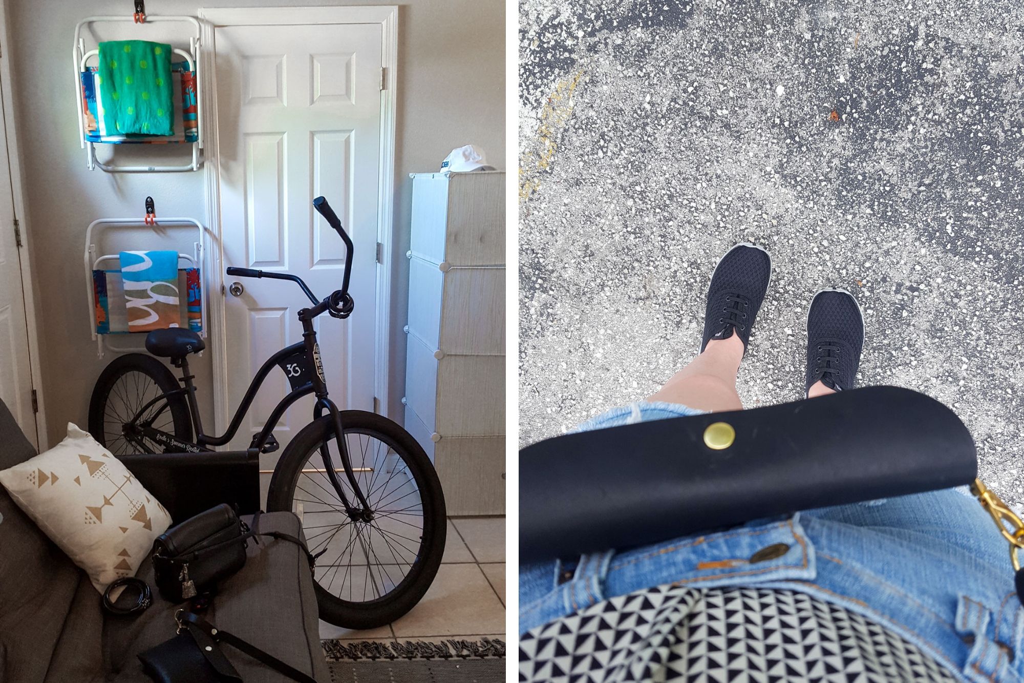 collage: bike inside our airbnb and a view of krystals belt bag and sneakers