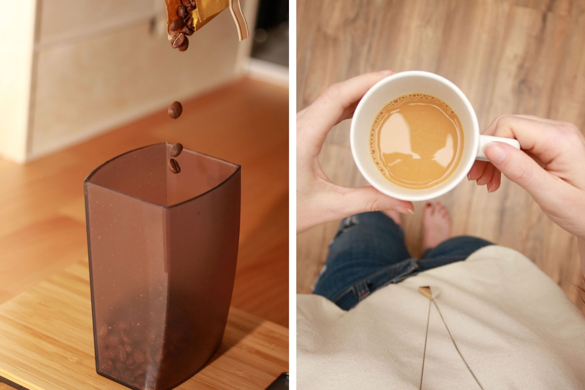 Collage: pouring coffee beans for grinding, and a top down view of Alyssa holding a cup of coffee