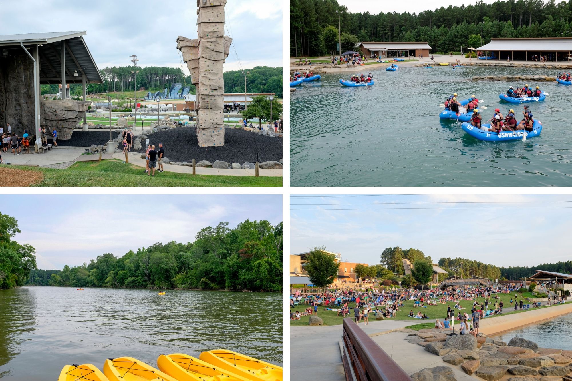 Collage: different features at the whitewater center, like rock climbing, live music, rafting, and kayaking on flat water