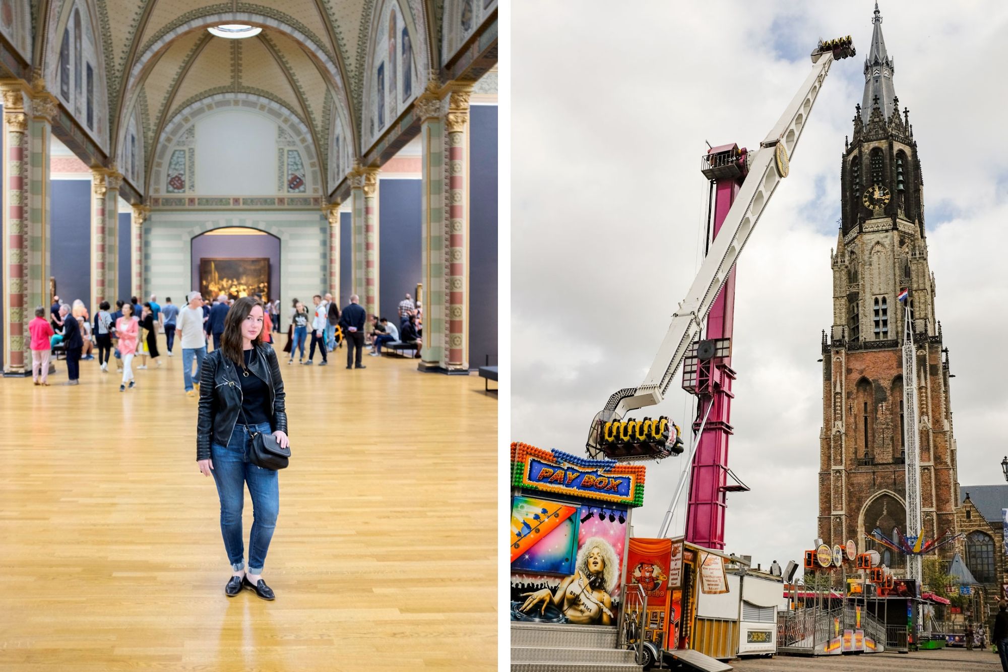 Collage: Krystal in front of the Night Watch painting and a fun fair in Delft