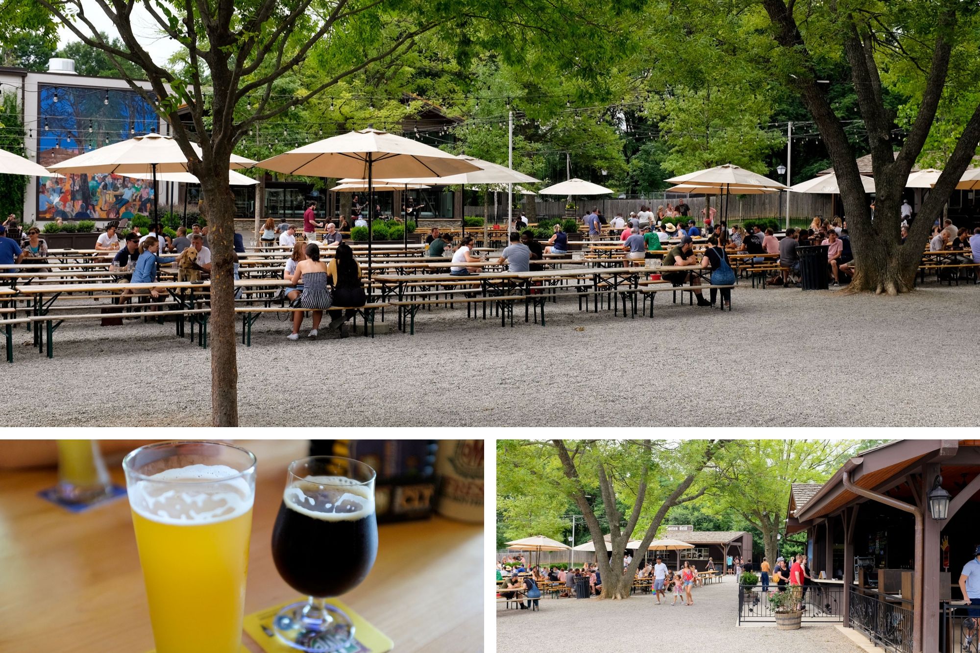 collage: exterior biergarten and two beers from the brewery