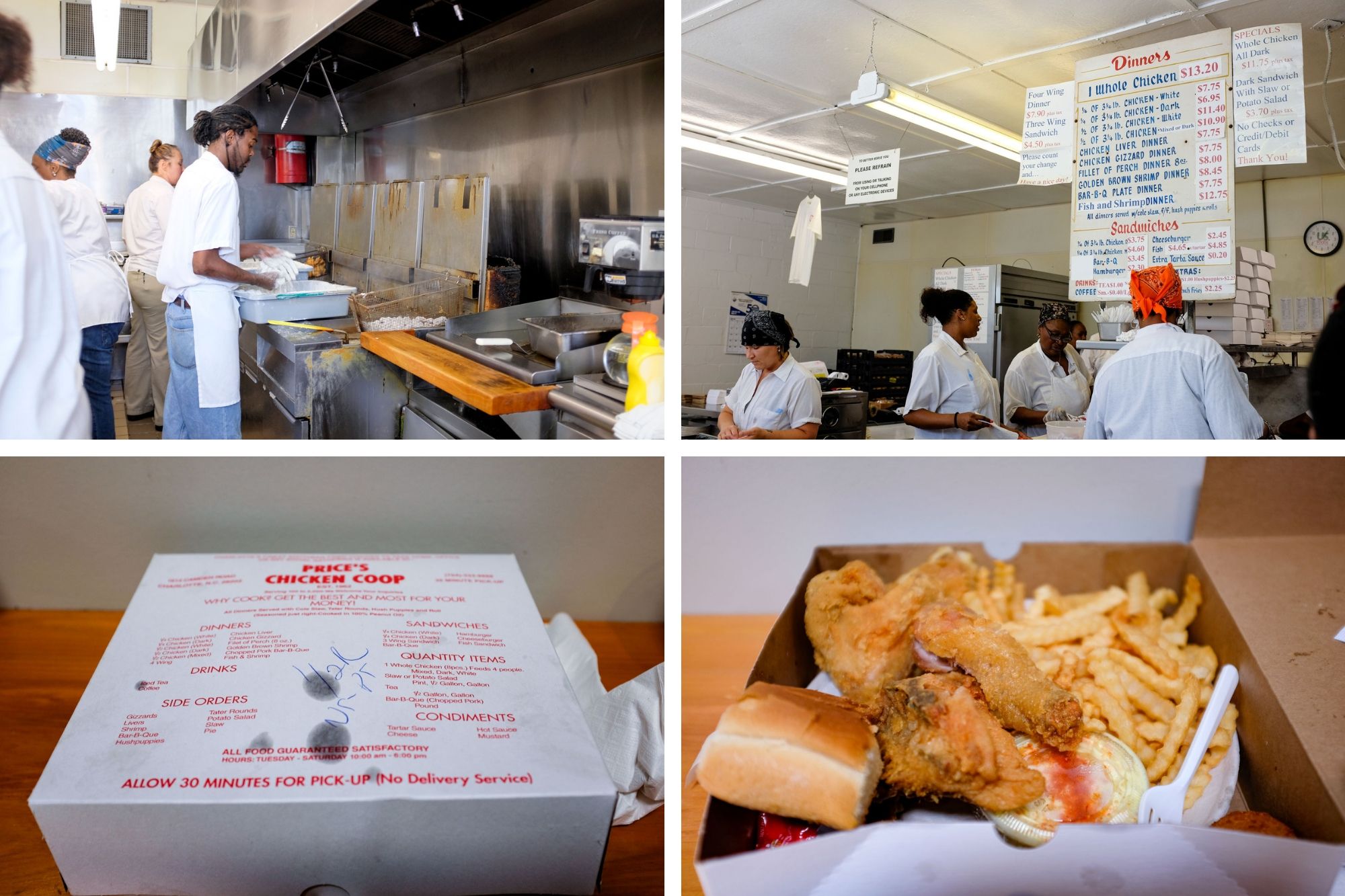 collage: menu inside Price's, an employee making the chicken, a box from the restaurant with a bit of grease on, and the box opened with the chicken and fries inside