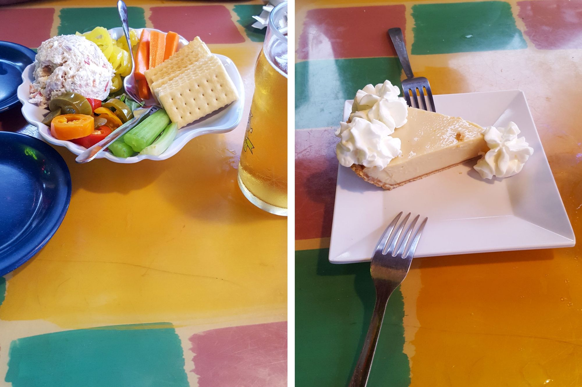 plate of fish dip and slice of key lime pie