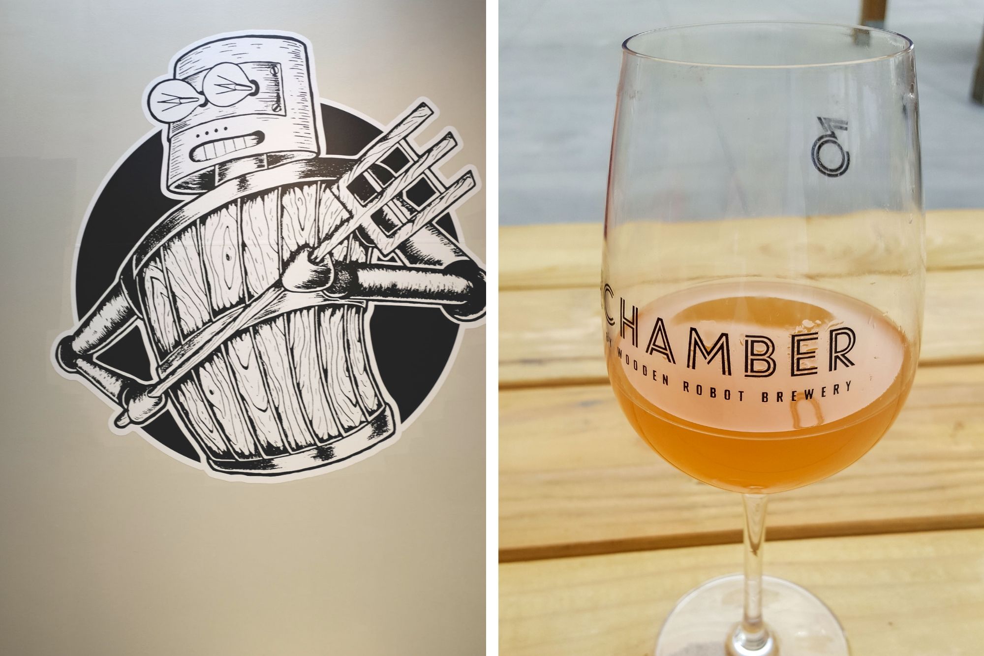 Wooden Robot logo and a beer from the Chamber location