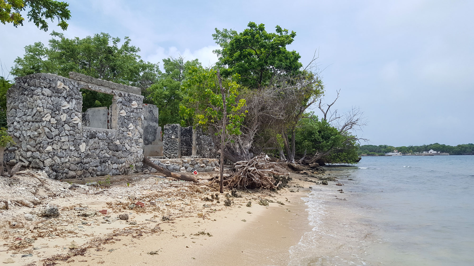 remnants of a building on the opposite side of the island