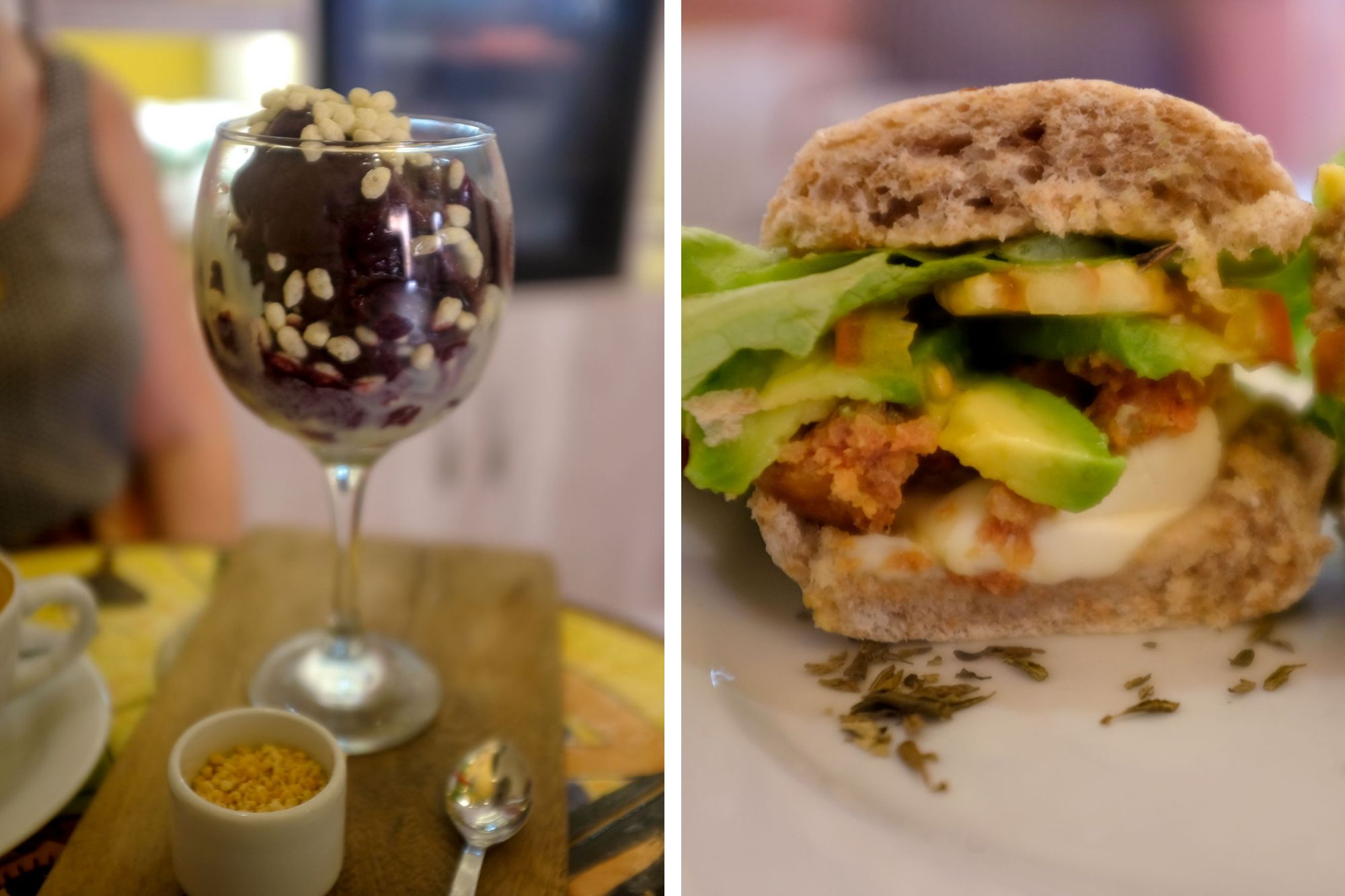 Collage of our meals: a wine glass with an acai blend and puffed rice, and a chorizo sandwich with avocado