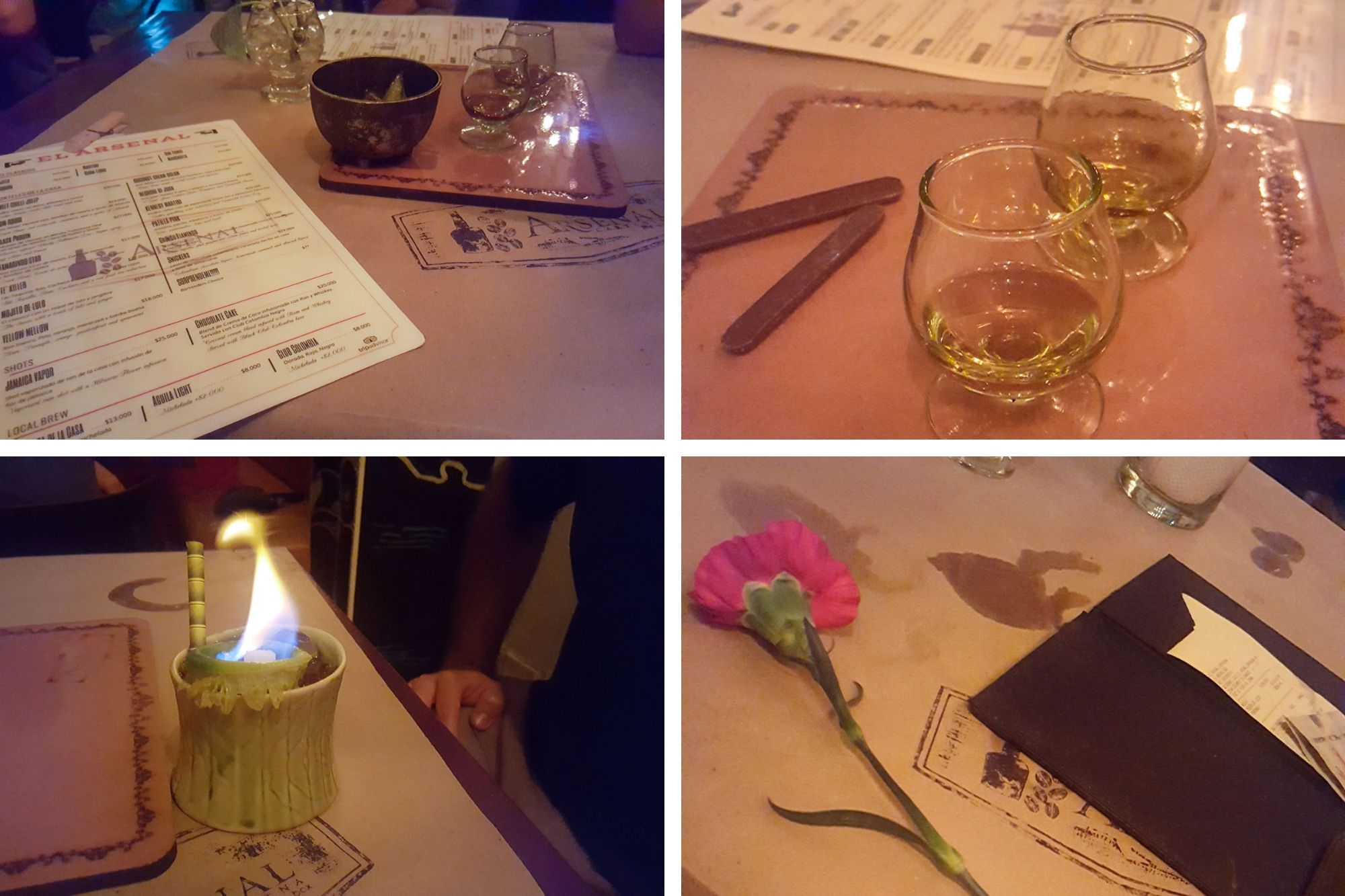 Collage: menu, rum and chocolate, Michael's flaming drink, and a flower with the check