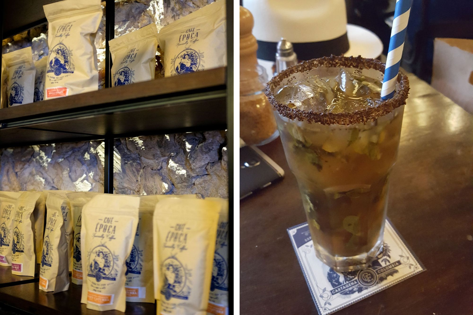 Collage: beans for sale at Epoca and a coca leaf mojito