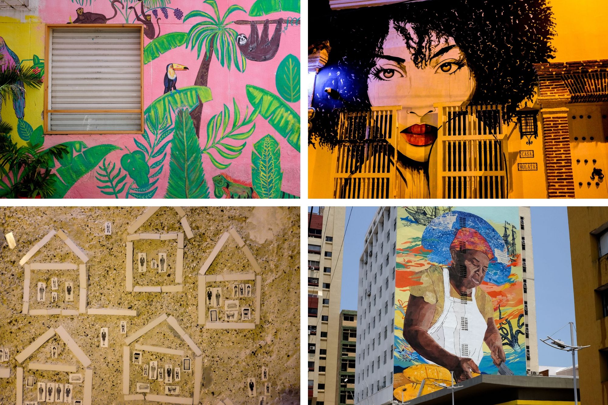 Collage of street art in Cartagena: depicting the park with animals, la Mulata, houses, and a person cleaning fish near the water, and a mosaic of homes