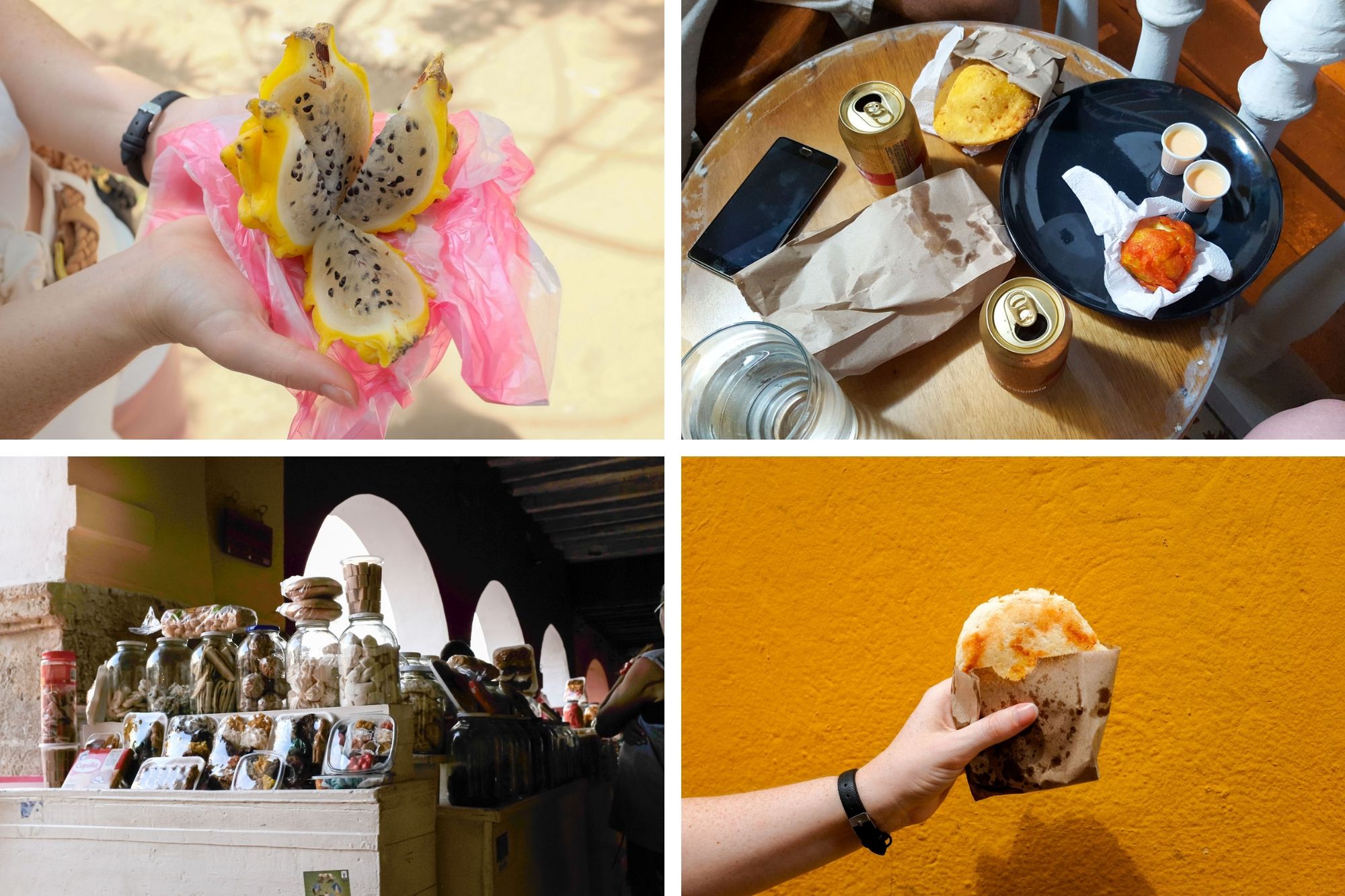 Collage of Street Food in Cartagena: Pitaya, Fritas, candies, and an arepa