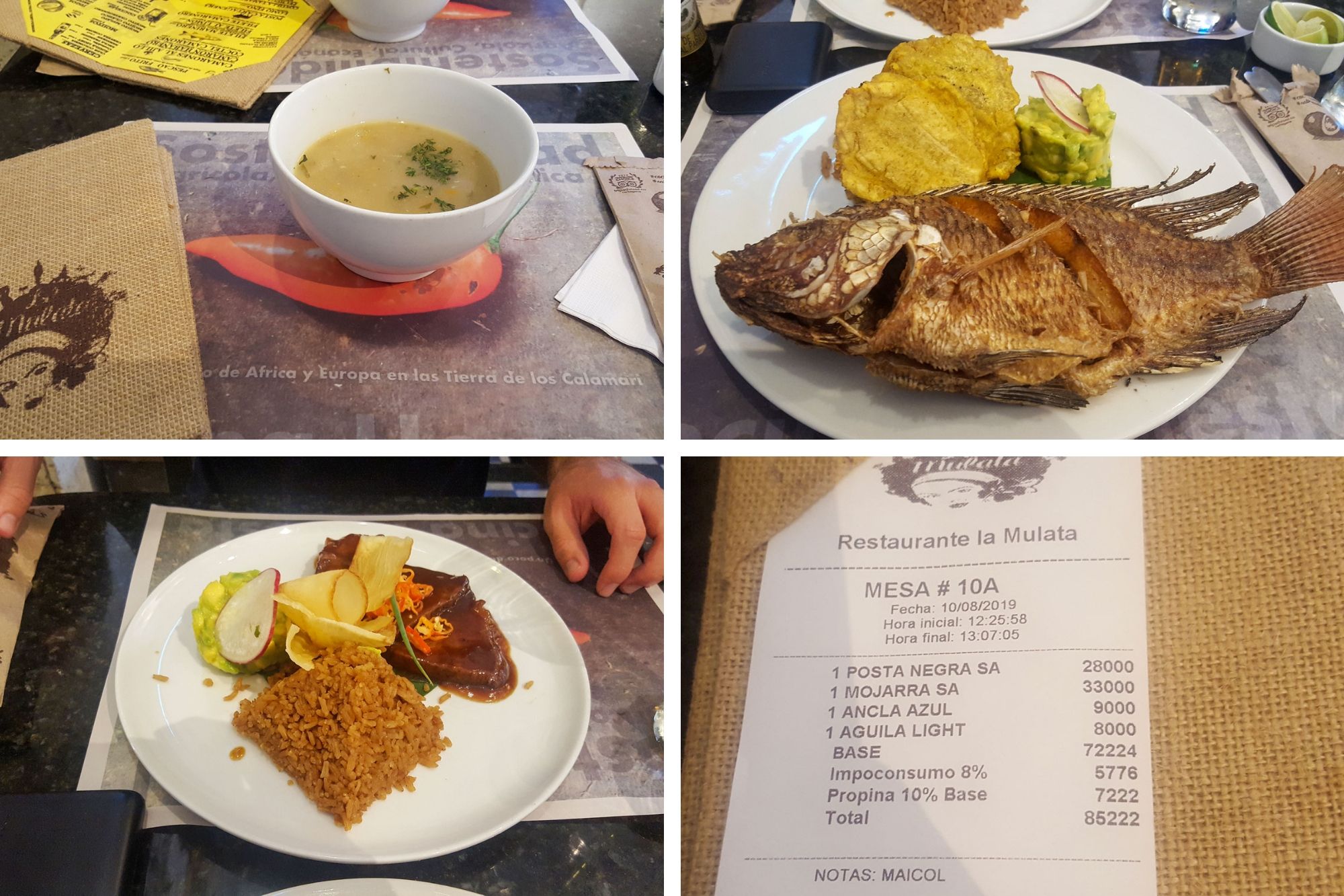 Collage: meal at la mulata: soup, fish, pork, and receipt