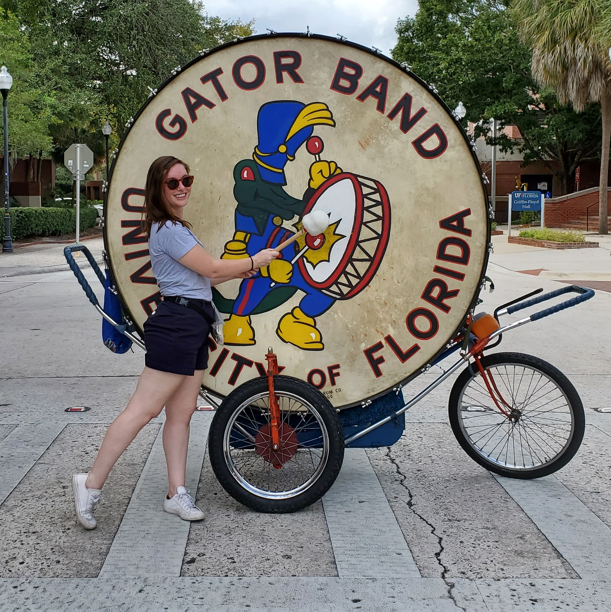 Alyssa strikes a pose and hits the Gators marching band drum