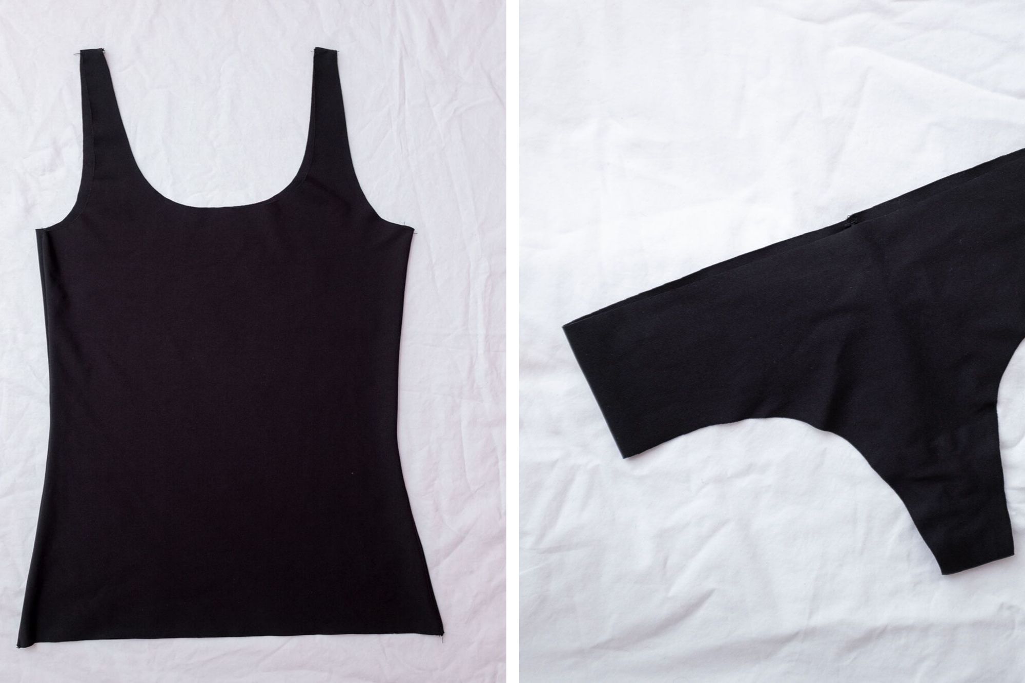 Collage: black tank and black underwear
