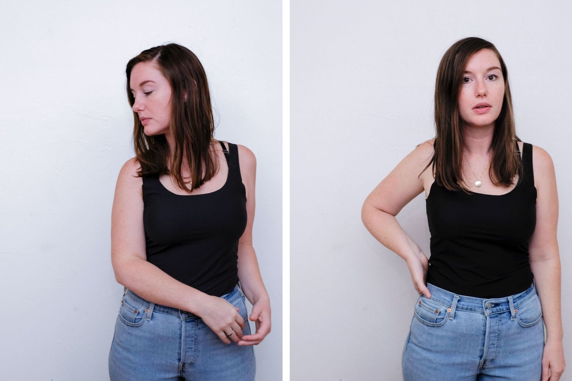 Collage of Krystal in two poses: looking off to the side with one arm in front, and looking at the camera with one hand on her hip. In both pictures she is wearing the black tank and light denim.