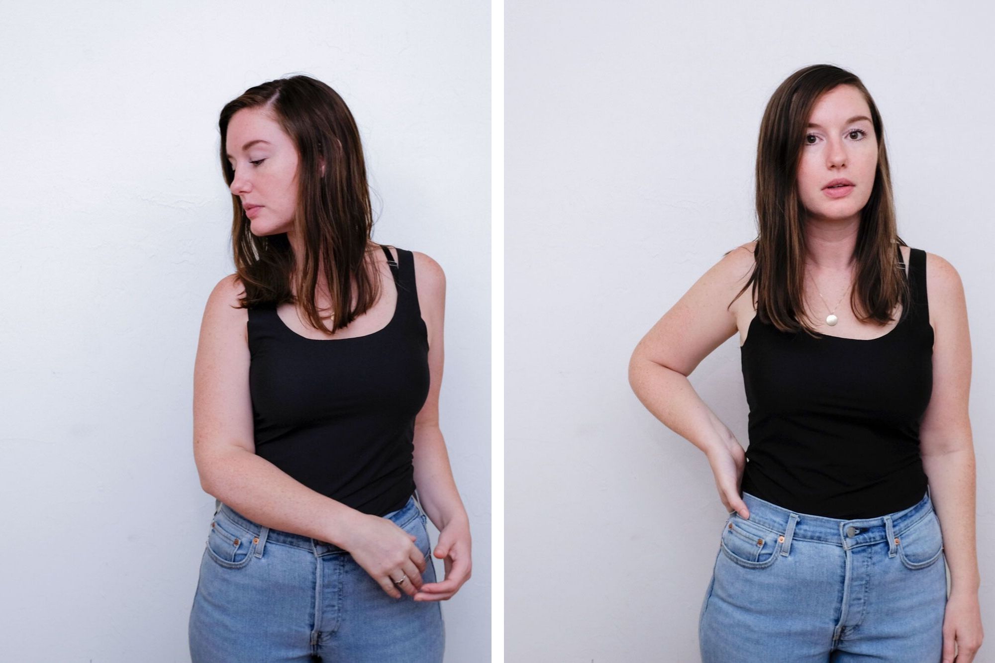 Collage of Alyssa in two poses: looking off to the side with one arm in front, and looking at the camera with one hand on her hip. In both pictures she is wearing the black tank and light denim.