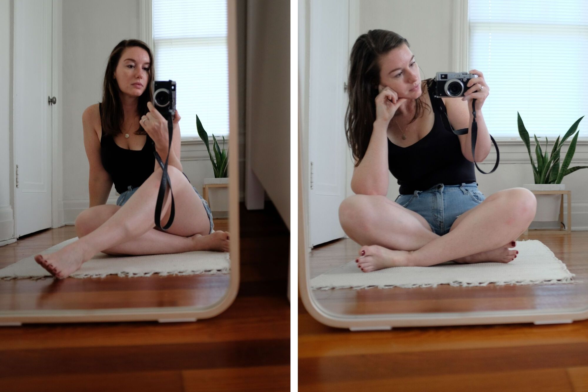 Collage: Krystal sitting in front of a mirror wearing light denim cutoff shorts and a black tank