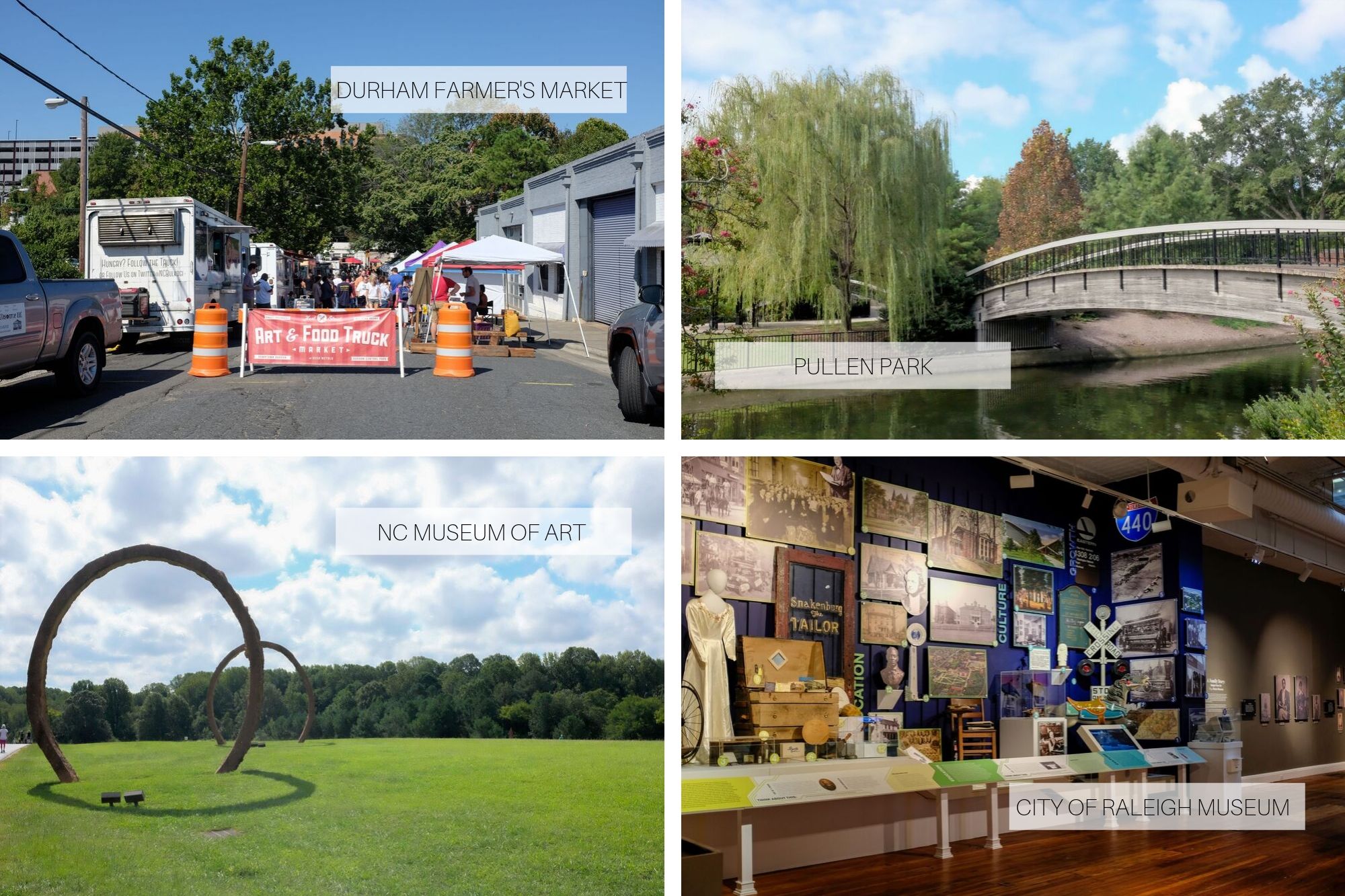 Collage of images from the Durham Farmer's Market, Pullen Park, NC Museum of Art, and City Museum in Raleigh