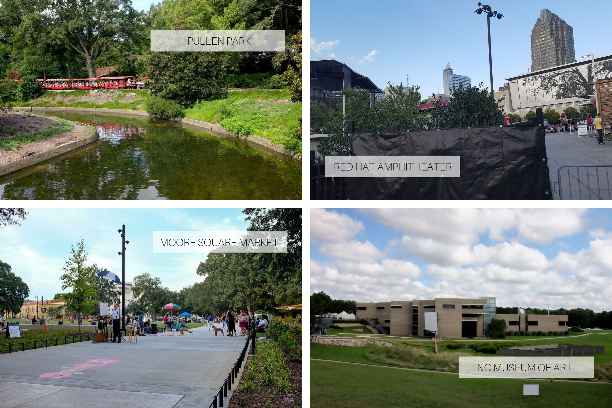 Collage: pullen park, red hat amphitheater, moore square market, and nc art museum
