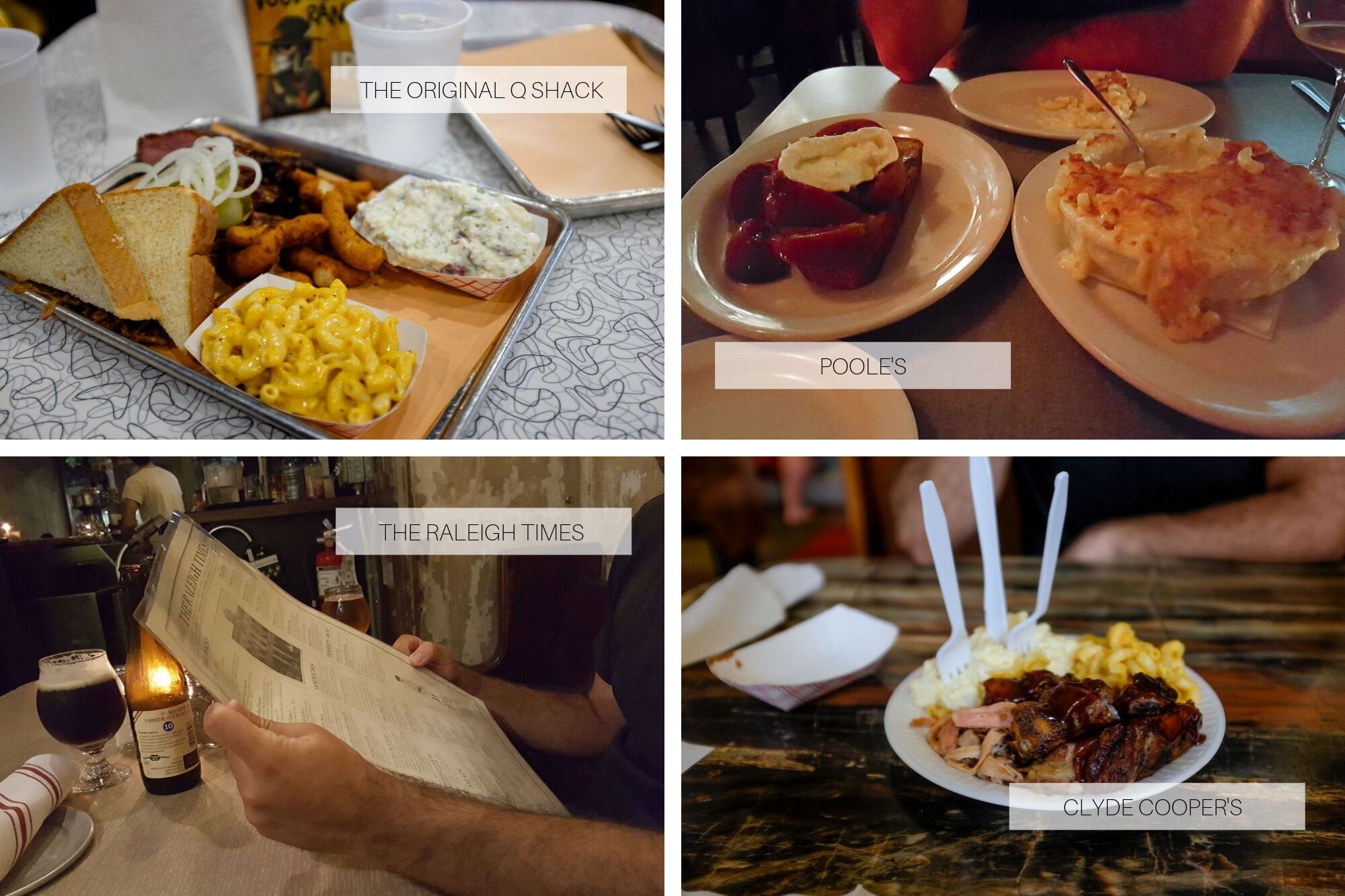 Collage: BBQ from Clyde Cooper's and The Original Q Shack, mac and cheese from Poole's, and the menu at The Raleigh Times