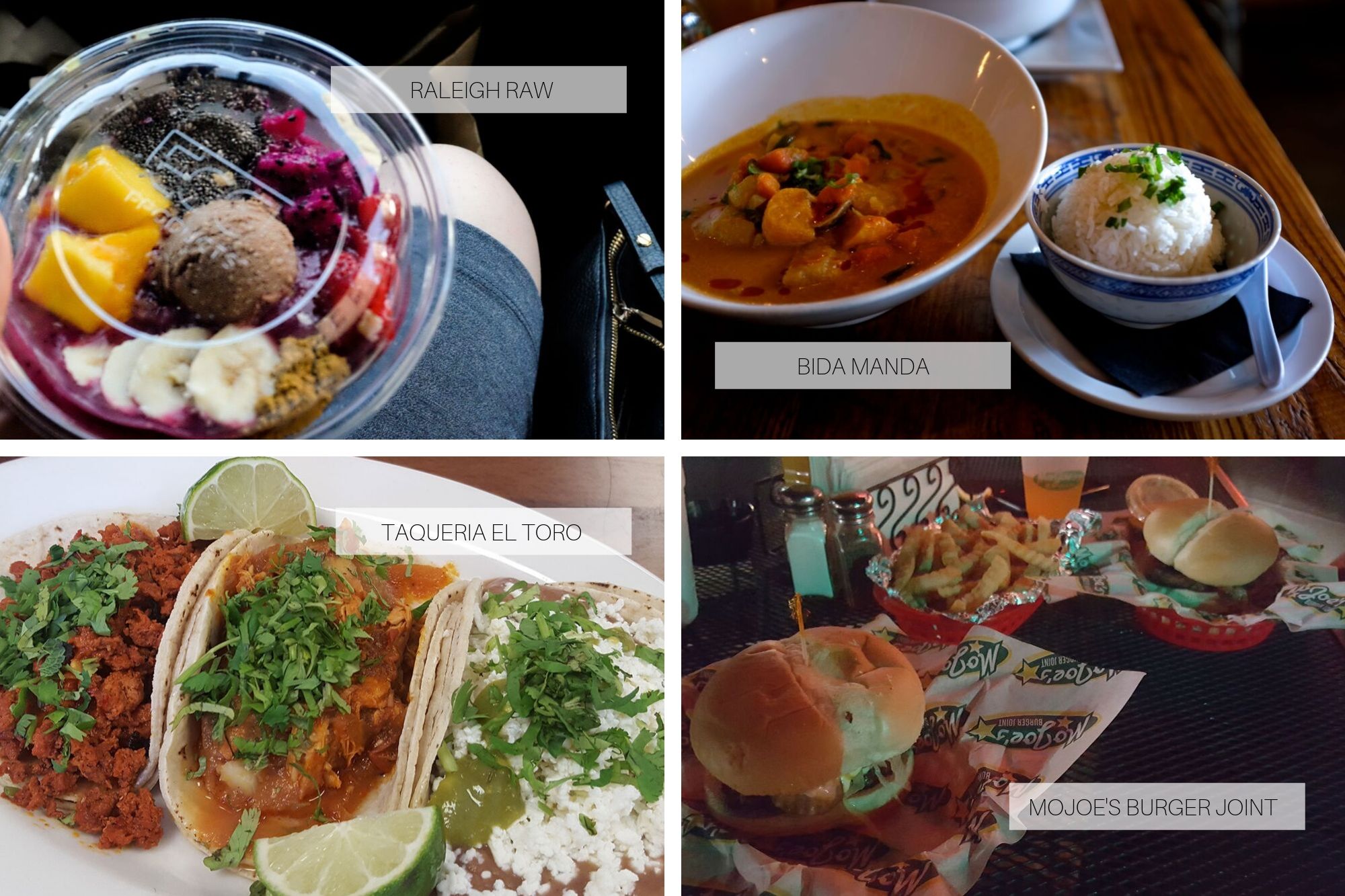 Collage: Acai bowl from Raleigh Raw, Curry at Bida Manda, Tacos from El Toro, Burgers at MoJoes