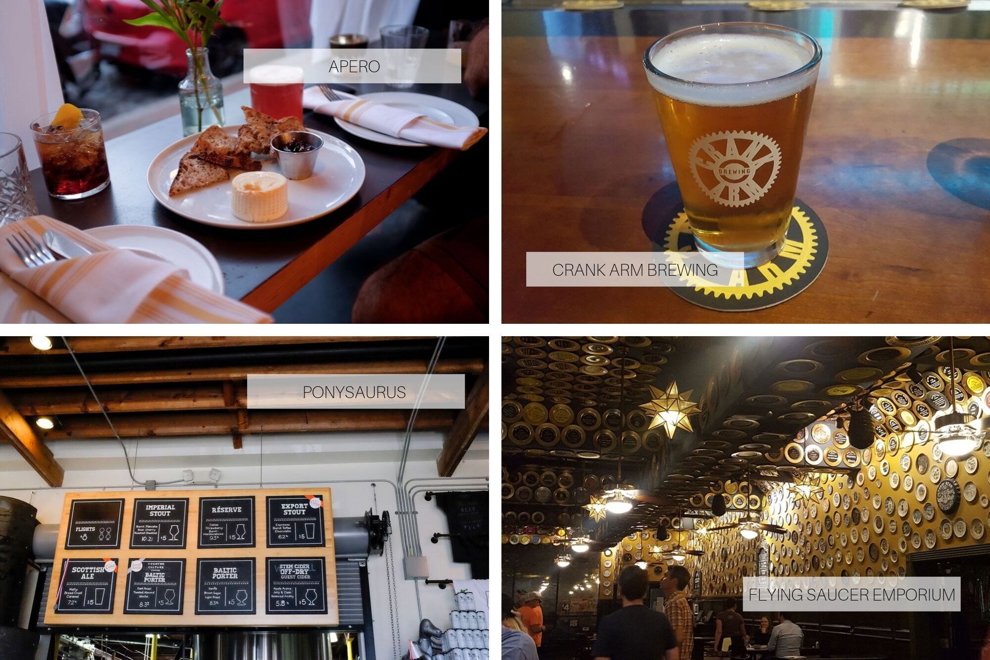 Collage: drinks and snack at Apero, beer in a glass at Crank Arm, the menu at Ponysaurus, and the saucers on the ceiling at Flying Saucer Emporium