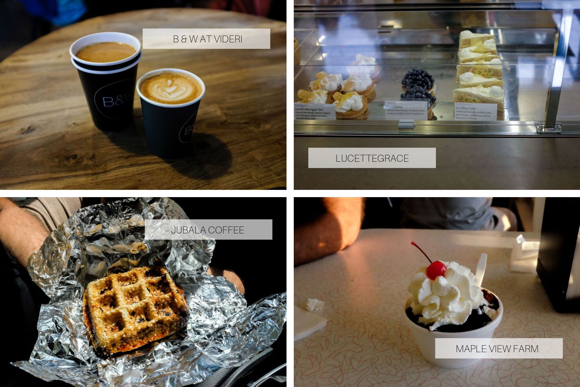 Collage: coffee from Videri, the pastry case at lucettegrace, a liege waffle from jubala, and an ice cream sundae at maple view farm