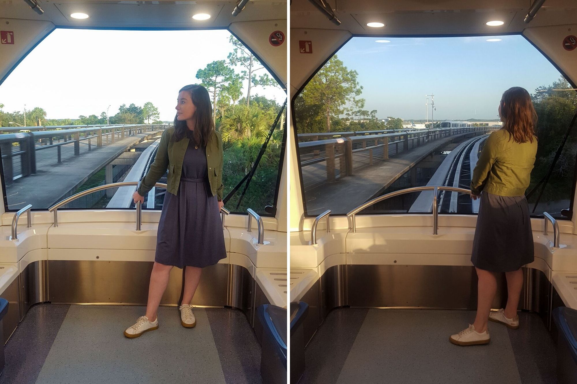 Alyssa riding the monorail at the Orlando airport