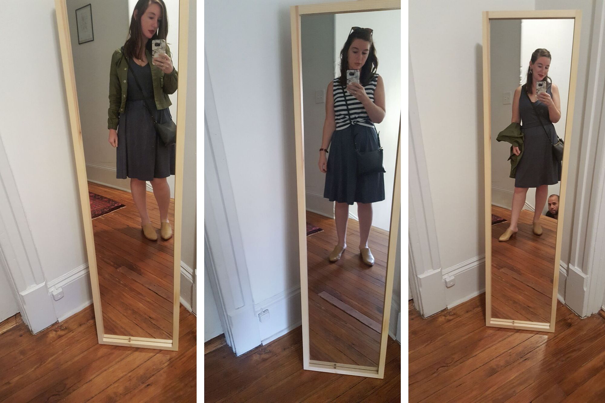 Three Mirror selfies of Alyssa in a wool& dress