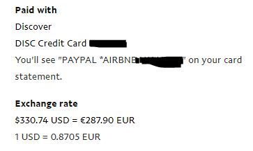 screenshot of PayPal page, where it says 287.9 euro is 330.74 USD