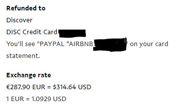 Screenshot of refund from paypal, where the conversion is claimed to be 287.90 euro = 314.64 euro