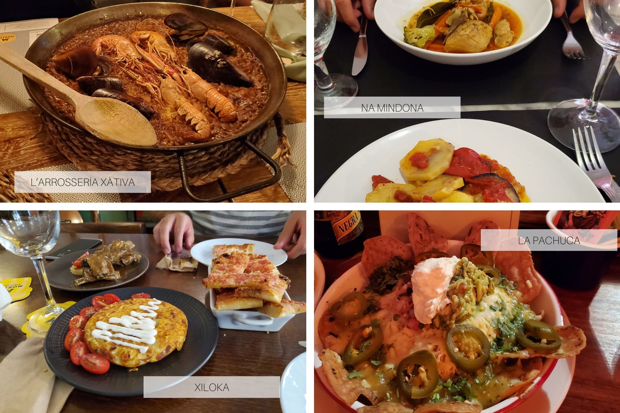 Collage of four different restaurant tables: paella, Mallorcan dishes, tortilla, and nachos