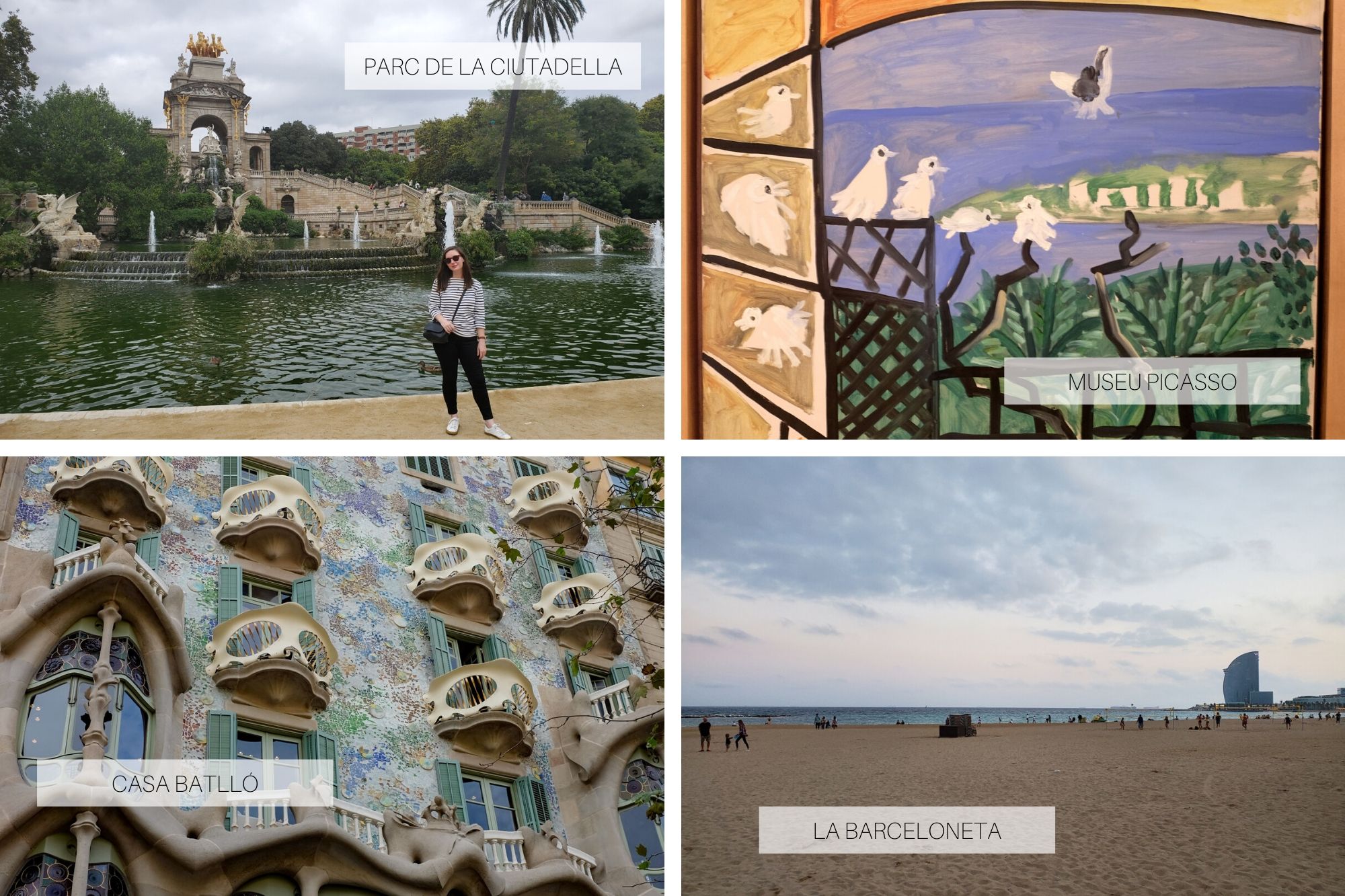 Collage: Krystal at Parc de la Ciutadella, a painting at the Picasso Museum, the outside of Casa Batllo, and the beach