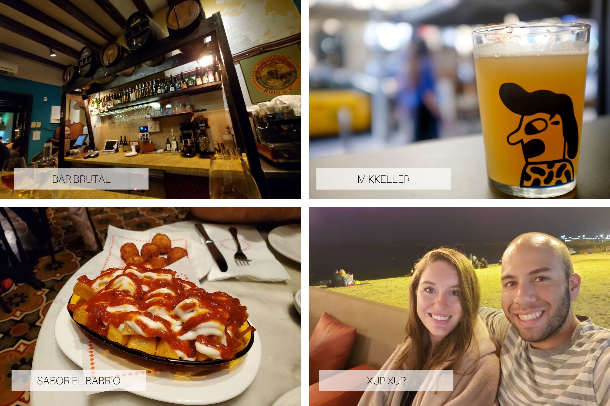 Collage: interior of Bar Brutal, a beer at Mikkeller, a serving of patatas bravas, and Krystal and Michael at the bar on the beach