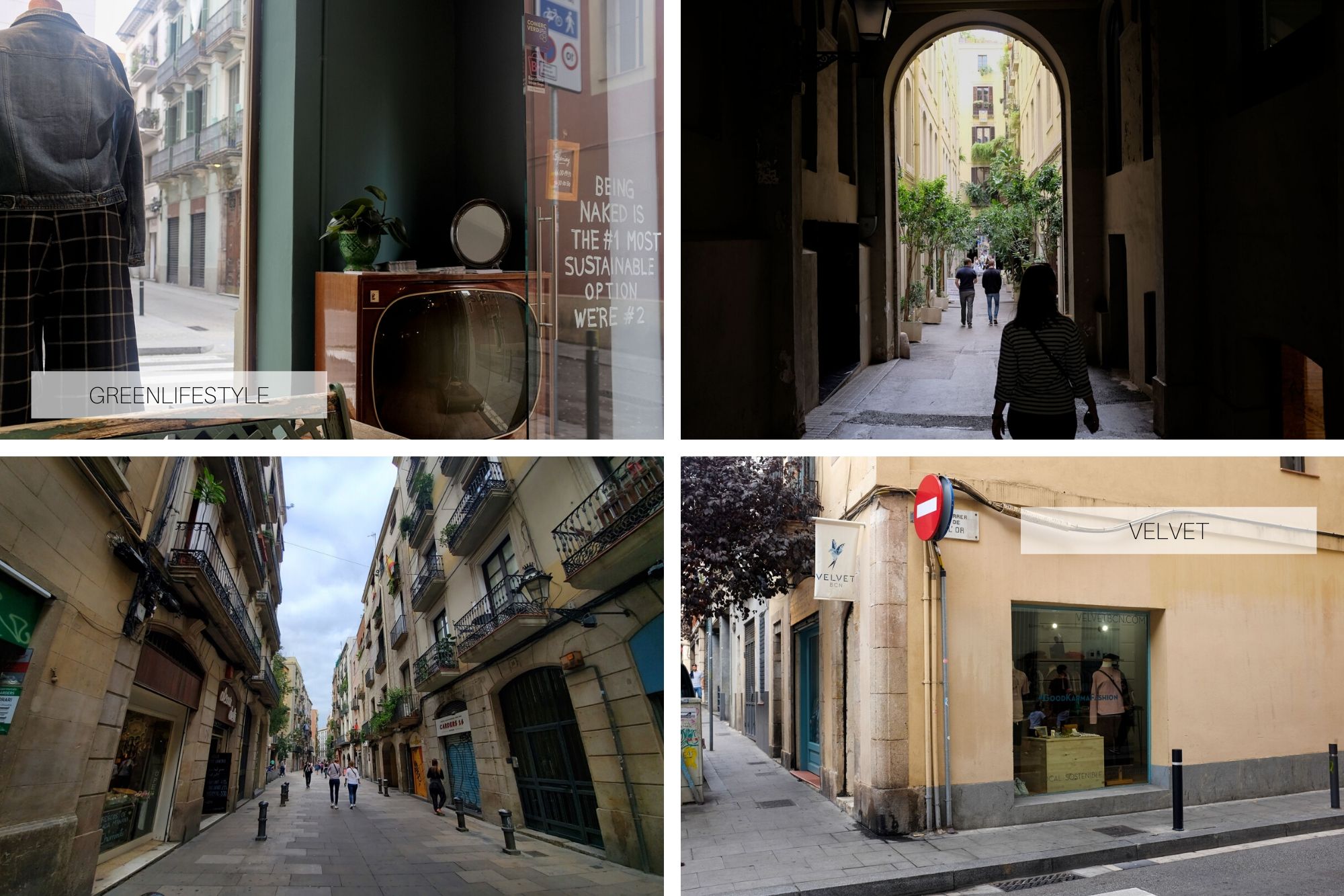 Collage: Streets of Barcelona and exterior of shops