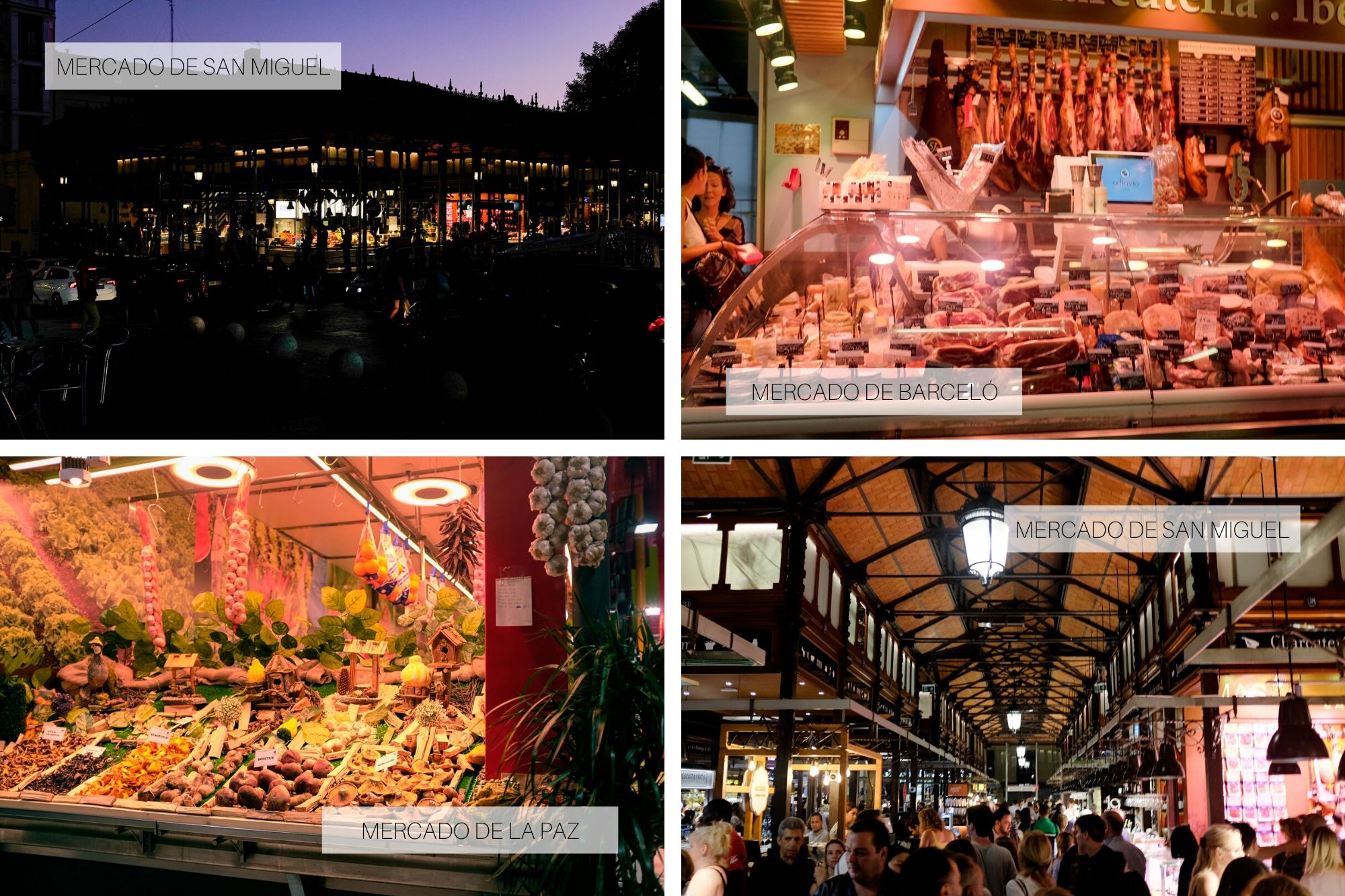 Markets of Madrid: Exterior and interior of Mercado de san Miguel; stalls in Mercado de la Paz and Mercado de Barcelo