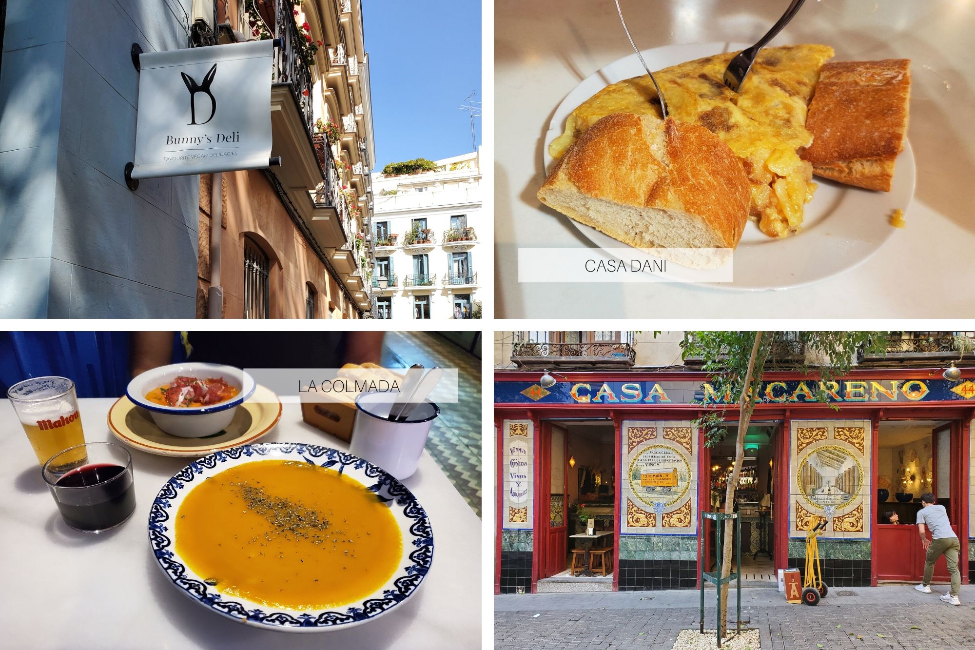 Collage: exterior of Bunny's Deli and Casa Macareno; the tortilla at Casa Dani and two soups at La Colmada