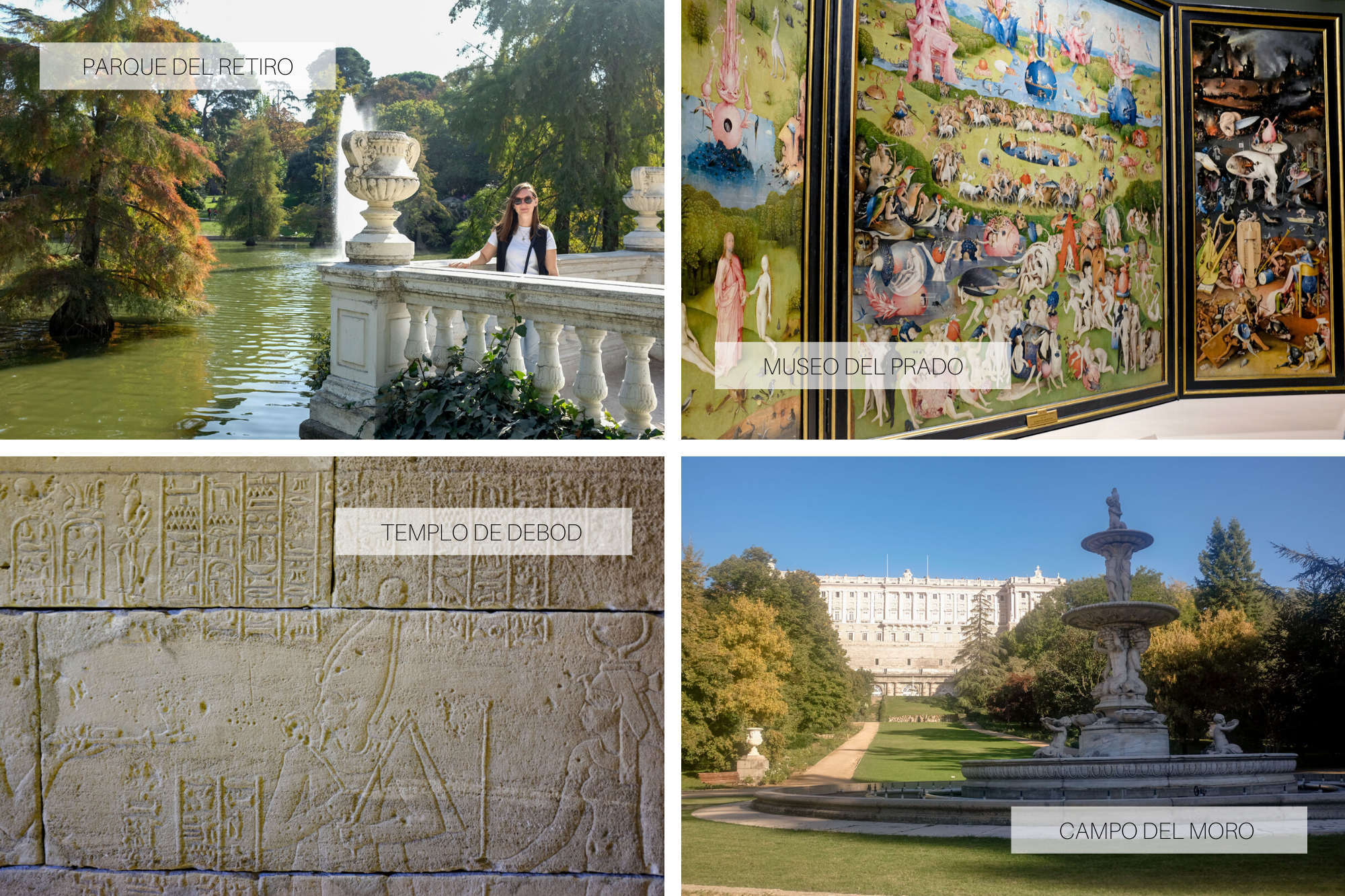 Collage: Alyssa in Parque del Retiro, Painting in the Prado, interior of the Temple of Debod, and the Campo del Moro