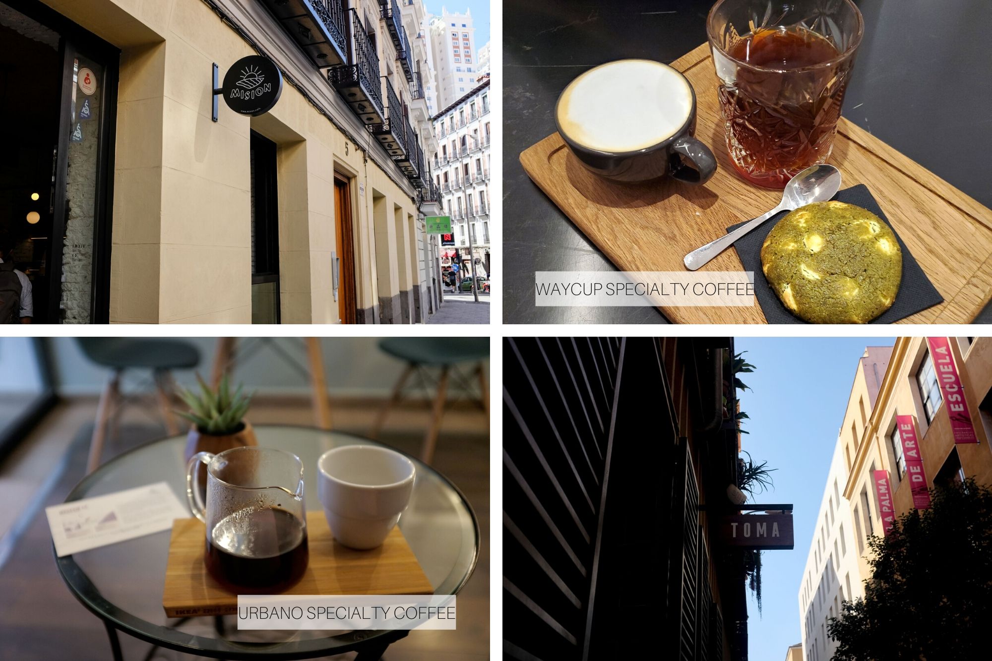 Collage: exterior of Mision and Toma; coffee from Waycup and Urbano