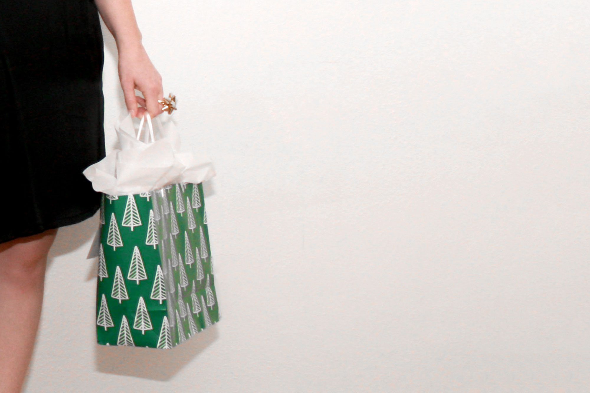 Alyssa holding a green gift bag in her left hand. The bag has trees icons on it, and she is wearing a gold ring in the shape of a bow