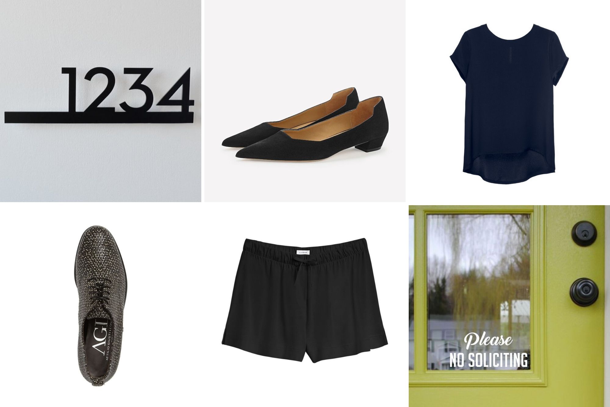 Collage: House numbers, black flat shoes, silk tee shirt, "please no soliciting" door decal, pima shorts, and oxford shoe