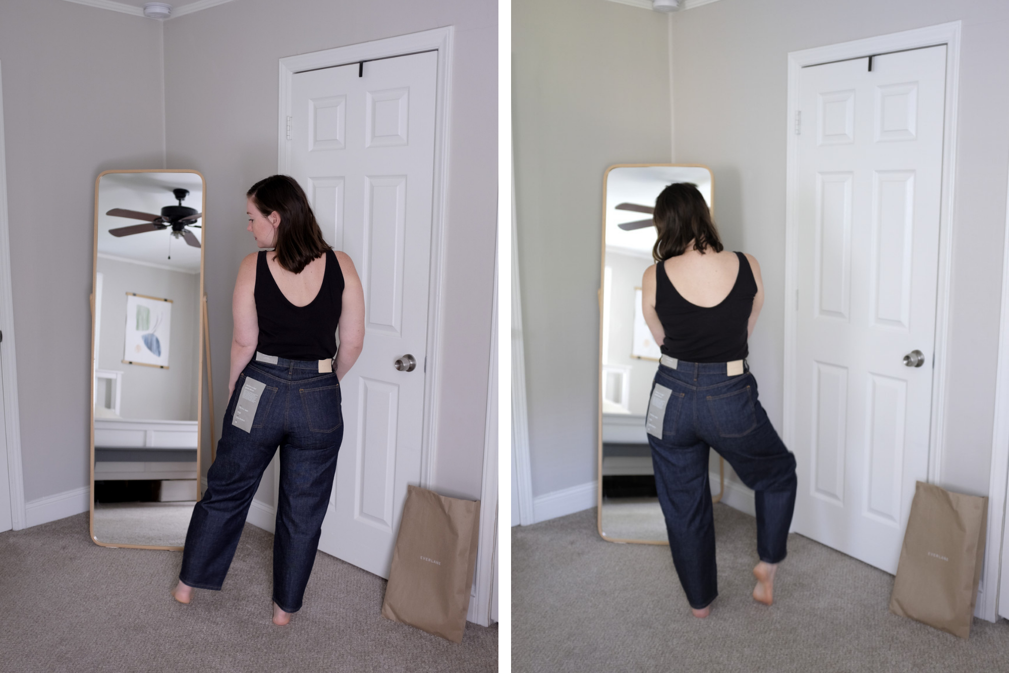 Two side-by-side photos of Alyssa wearing the jeans in front of her closet door and mirror. In the left photo she is facing away from the camera and left, and in the right photo she is facing the mirror away from the camera. The smaller size is tighter than the larger size.