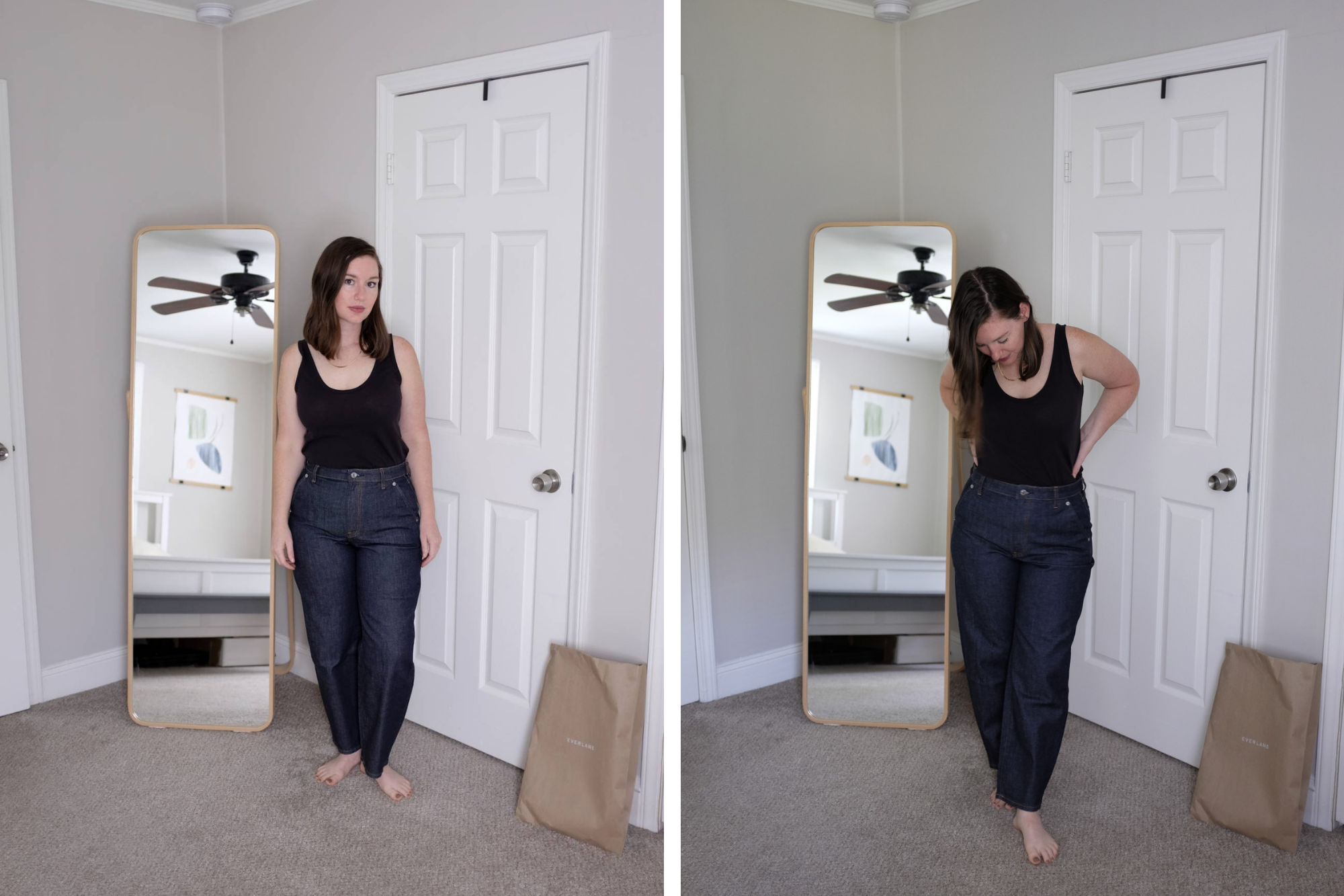 Two side-by-side photos of Alyssa wearing the jeans in front of her closet door and mirror. The smaller size is tighter than the larger size.