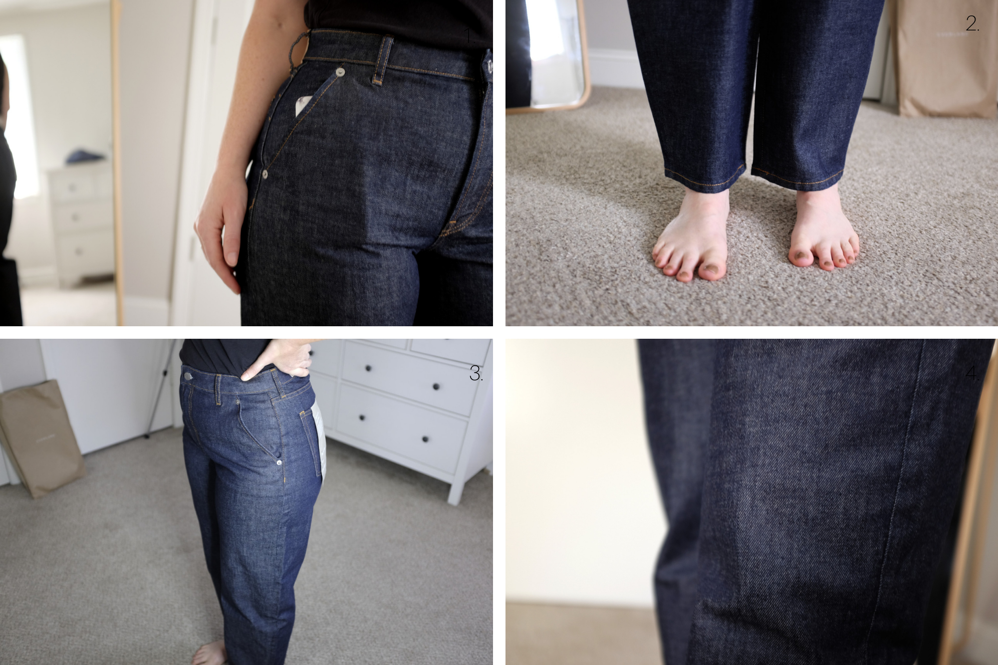 Collage of four photos; clockwise from top left: a close up of a phone in a jean pocket, a pair of feet and denim grazing the bottom of the ankles, a pair of knees wearing jeans, and a waist-down shot of Alyssa wearing jeans with the tags still on.