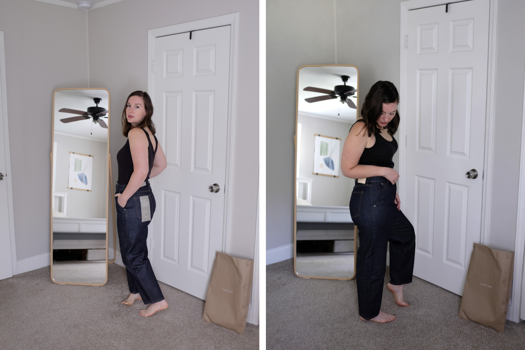 Two side-by-side photos of Alyssa wearing the jeans in front of her closet door and mirror. In the left photo she is facing left, and in the right photo she is facing to the right. The smaller size is tighter than the larger size.