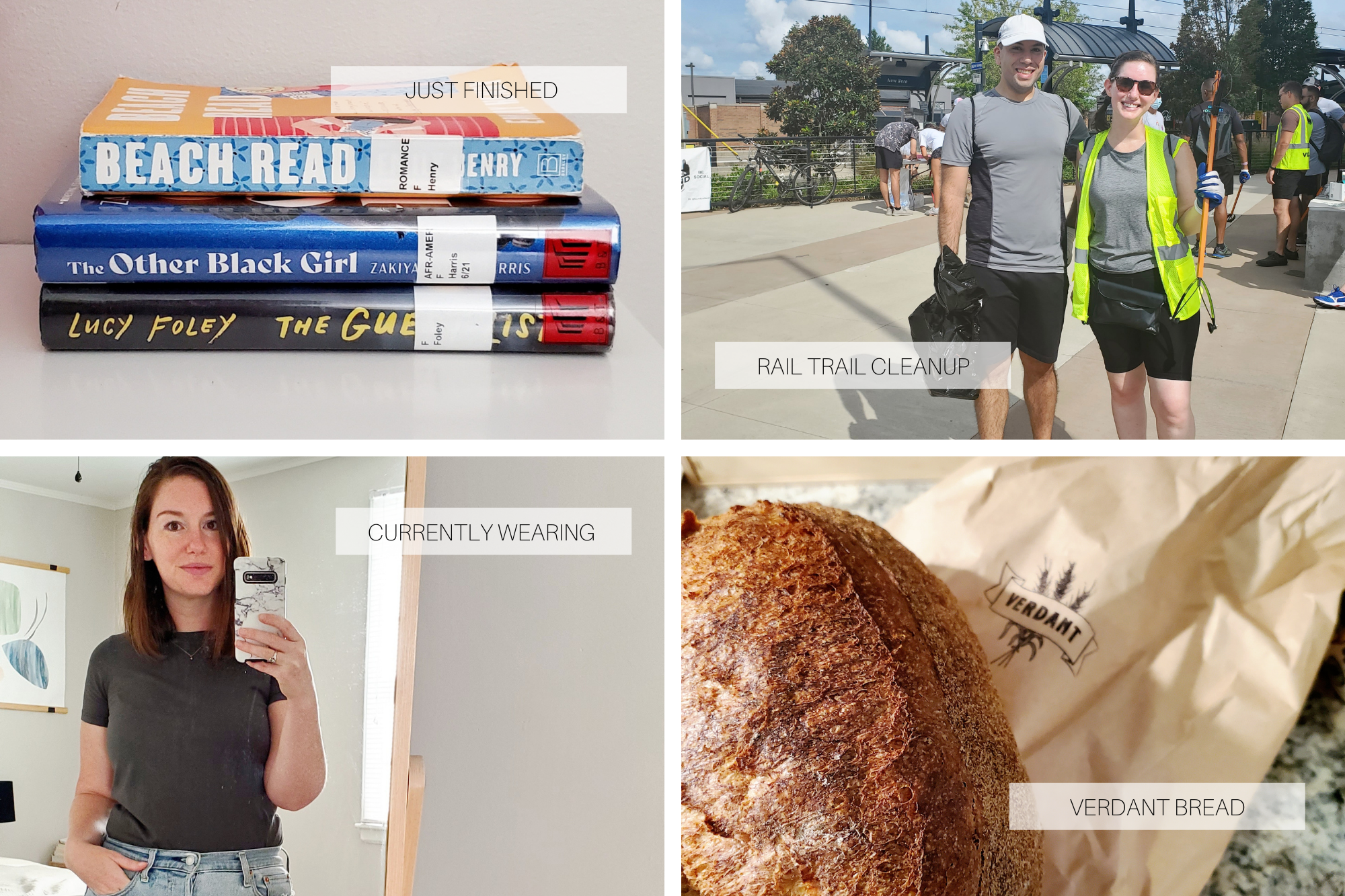 Four images arranged in a grid. Clockwise from top left: Three books in a stack, one man and one woman wearing workout gear and carrying trash pickup supplies, a loaf of bread in front of a paper bag that says Verdant, and a woman standing in front of a mirror wearing a green t-shirt and light blue jeans