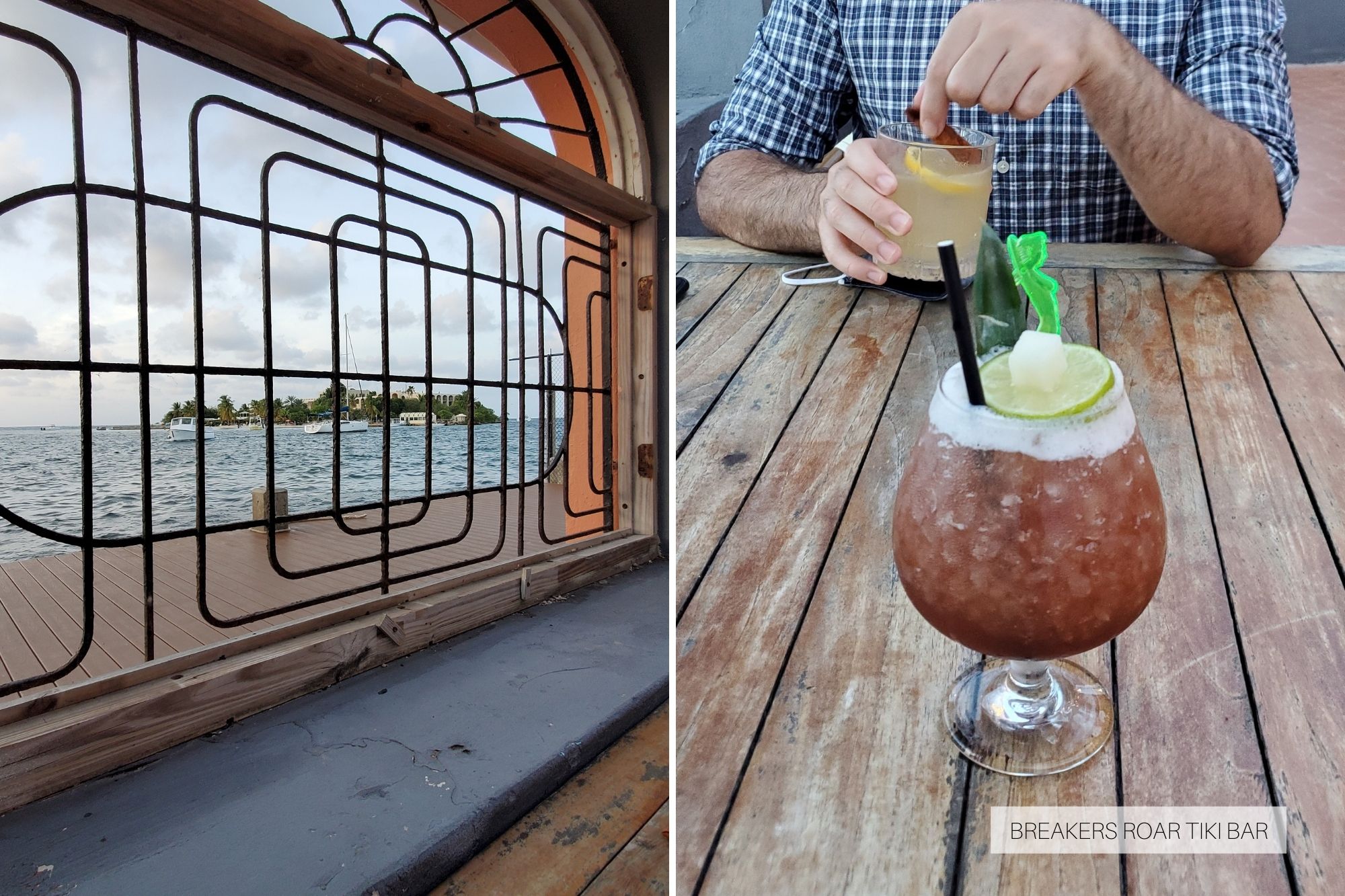 left: view out of the iron rod window at the bar; an island is in the distance; right: two drinks on a wooden table, one is in a stemmed glass and has a lime on top, and the other is in a rocks glass with a cinnamon stick and lemon